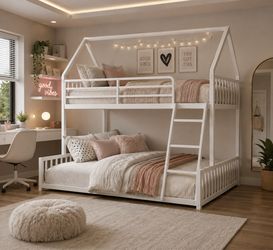 Bunk Bed Twin Over Full, House Bed Frame with Ladder, White Twin Over Full House-Shaped Bunk Bed. Metal Frame with Guardrail. 350 lb upper, 450 lb low