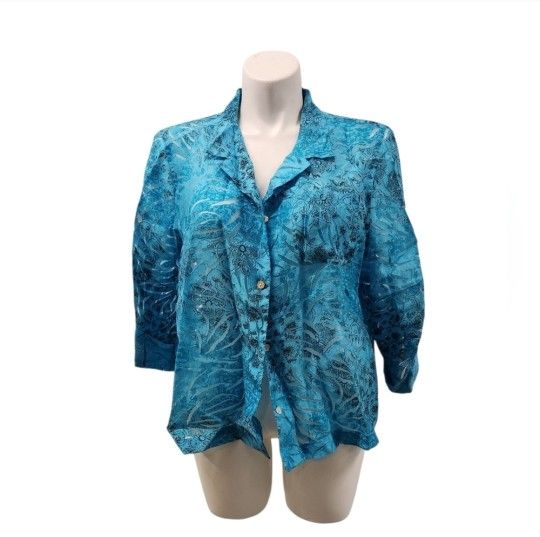 French Laundry 2X Vibrant Blue Button-Up Blouse
