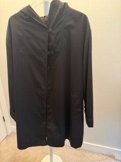 Jones New York JNY black hooded button-front coat, red plaid flannel lined, Size XL
