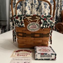 Longaberger 1995 Christmas Collection Cranberry Basket with Liner, Protector & Tie-On