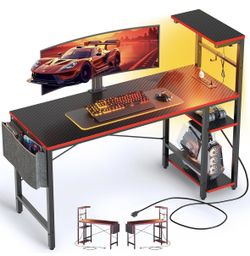 V115-Gaming Desk with Power Outlets, 44 Inch Led Gamer Desk with 4 Tiers Reversible Shelves, PC Gaming Table with Headset Hook & Side Storage Bag for 