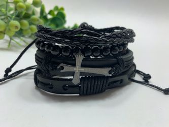 Adjustable Size up to 9.5inc Braided Multi-layer Leather Bracelet (Set of 4), Cross
