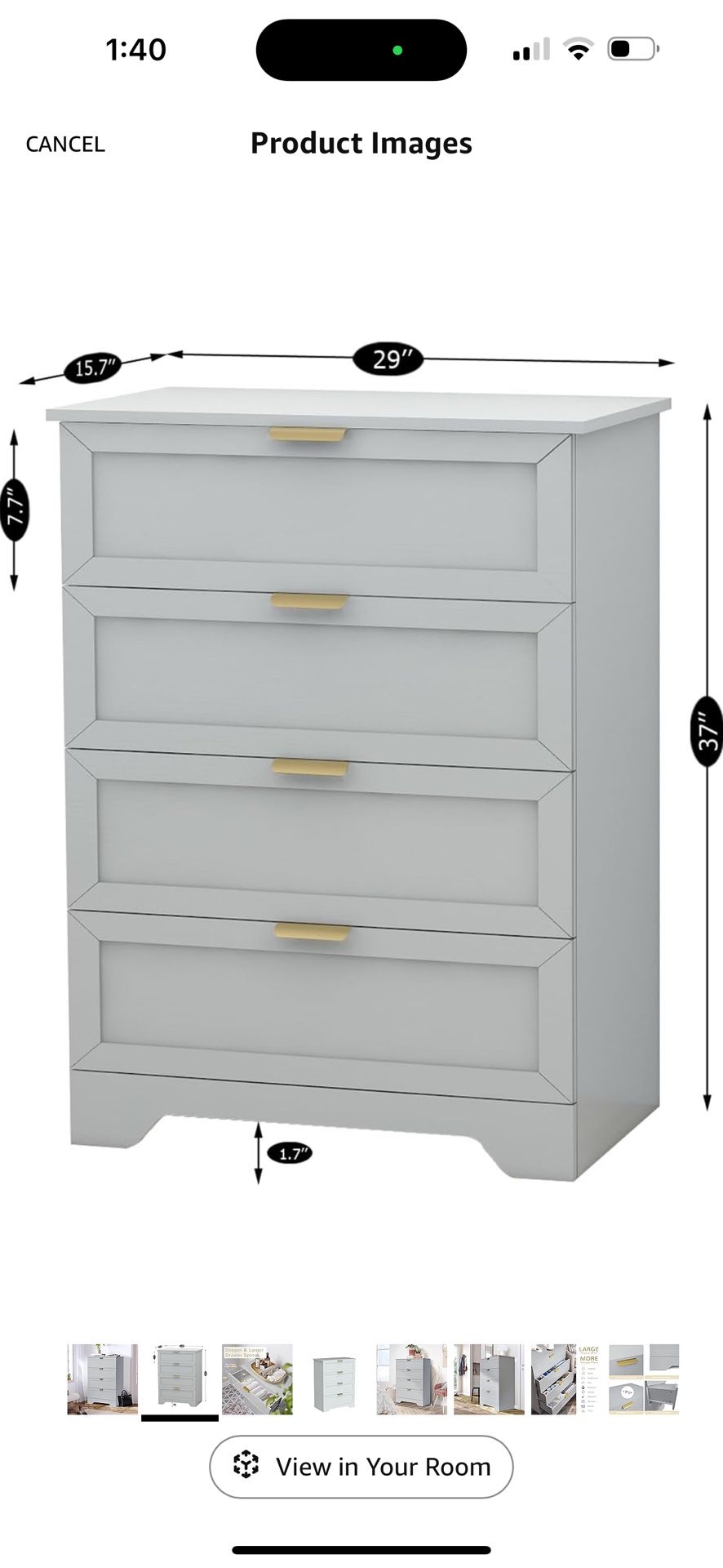 Modern 4 Drawer Dresser, 37inch Tall Dresser Chest with Large Drawer, Wood Dresser Storage Cabinet Organizer Unit for Bedroom, Closet, Living Room, Cl