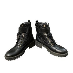 G by Guess Black Faux Leather Lace Up Zipper Ankle Strap Combat Boots