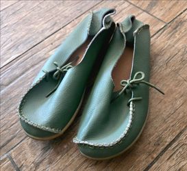 Socofy Women's Green Leather Flats - EU Size 40 (US 8.5 - 9)