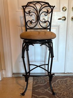 Set of 4 Ornate Wrought-Iron Swivel Bar Stools – Upholstered Seats