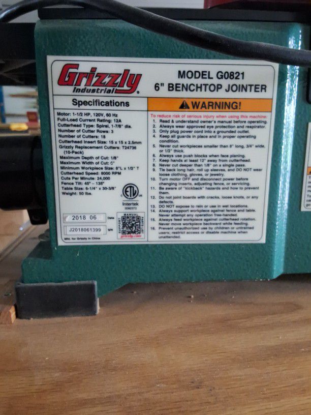 Grizzly Industrial 6" Benchtop Jointer
