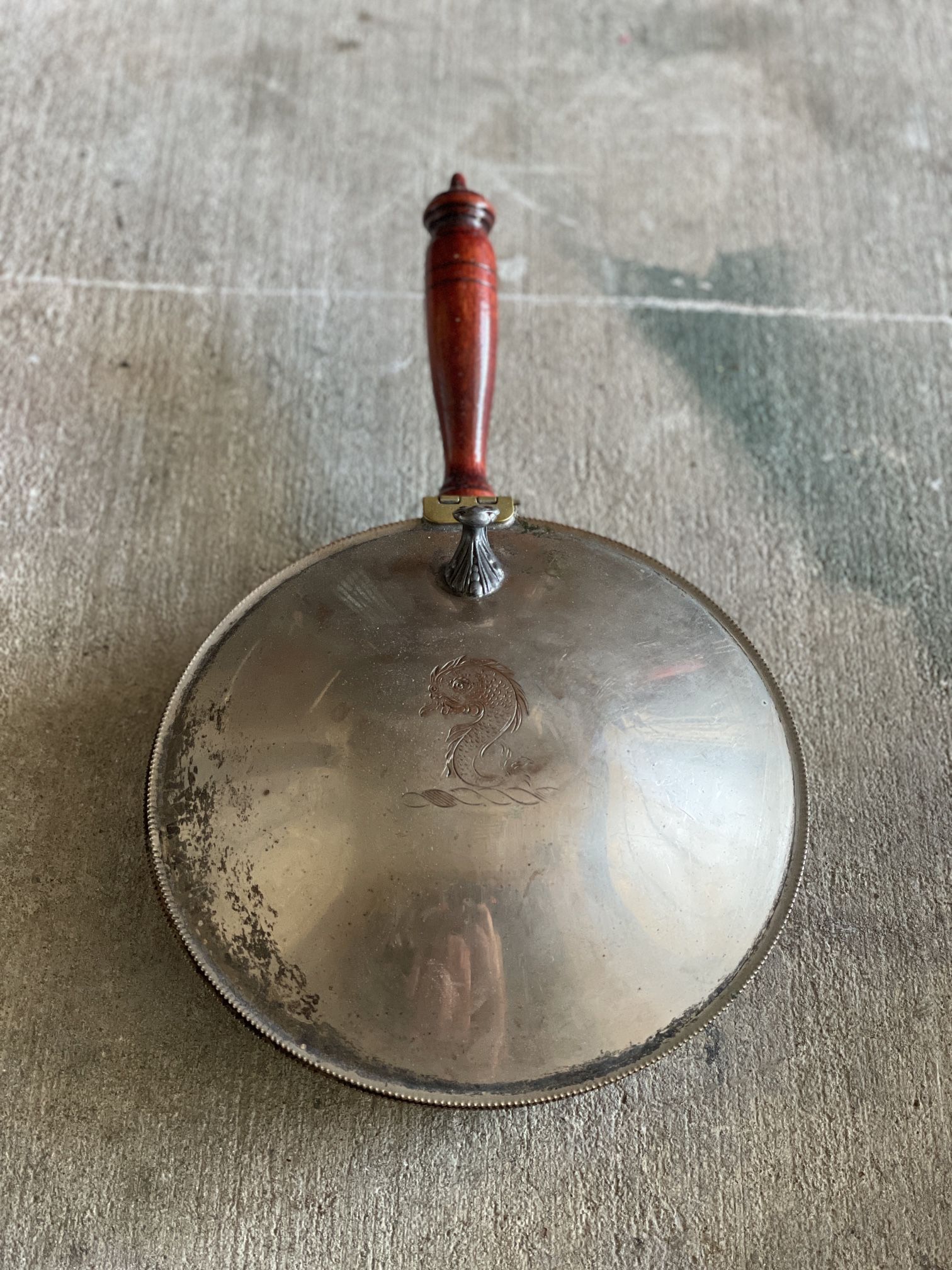 Antique Silver On Copper BedWarmer/Crumb Catcher w/ Wooden Handle, Embossed Fish