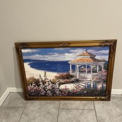 Gold-frame Canvas Oil Painting signed by artist T.C. Chiu "Gazebo by The Sea". 40”x28”