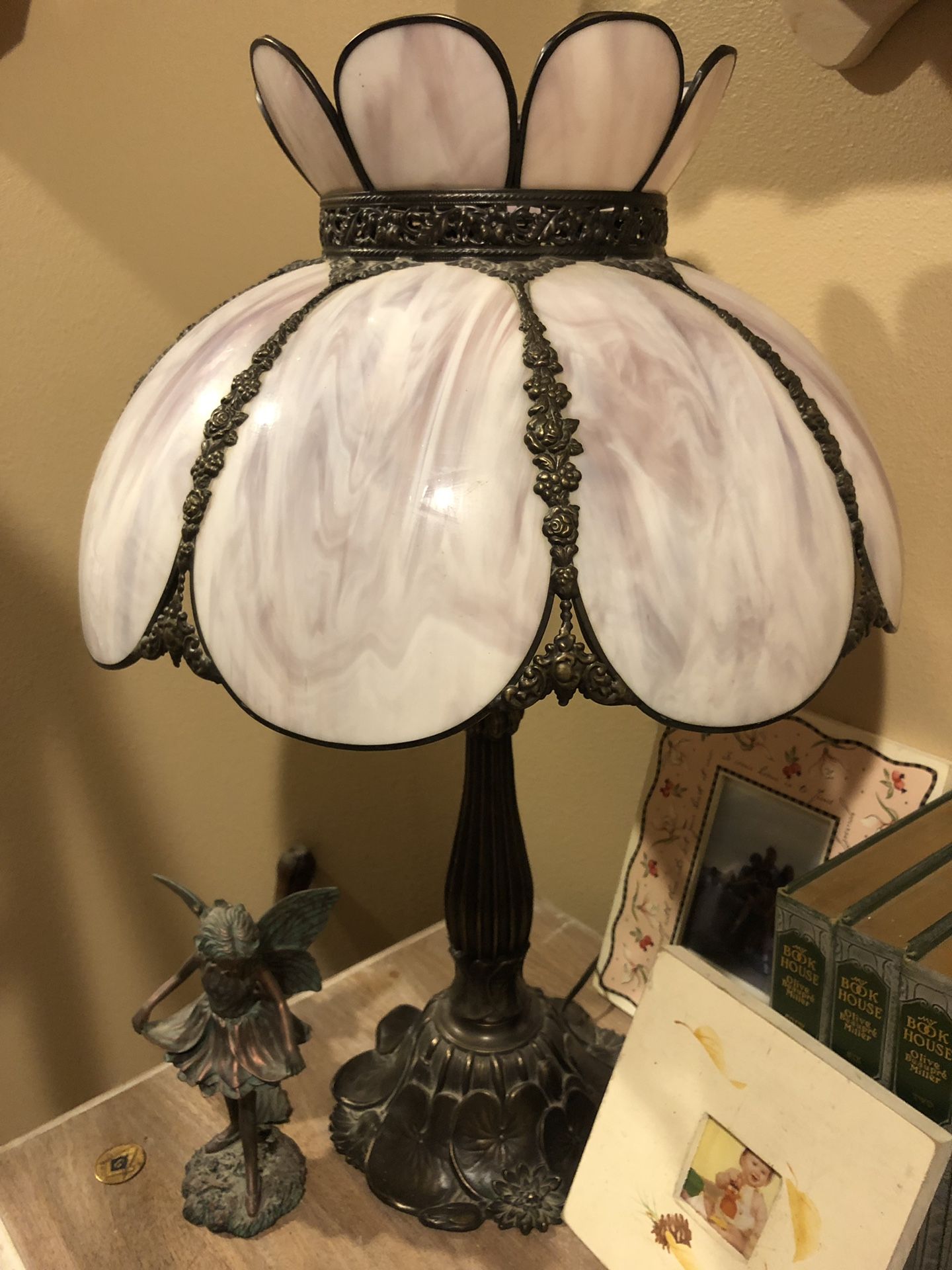 Antique leaded stained glass bowed lamp