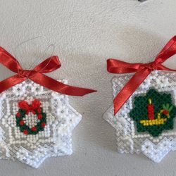 3 Handmade Old Fashioned Plastic Canvas Christmas Ornaments Snowflakes