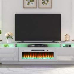 Fireplace TV Stand with 40" Fireplace, 80" Modern Fireplace Entertainment Center LED Lights, 2 Tier TV Console Cabinet for TVs Up to 90" As Is.