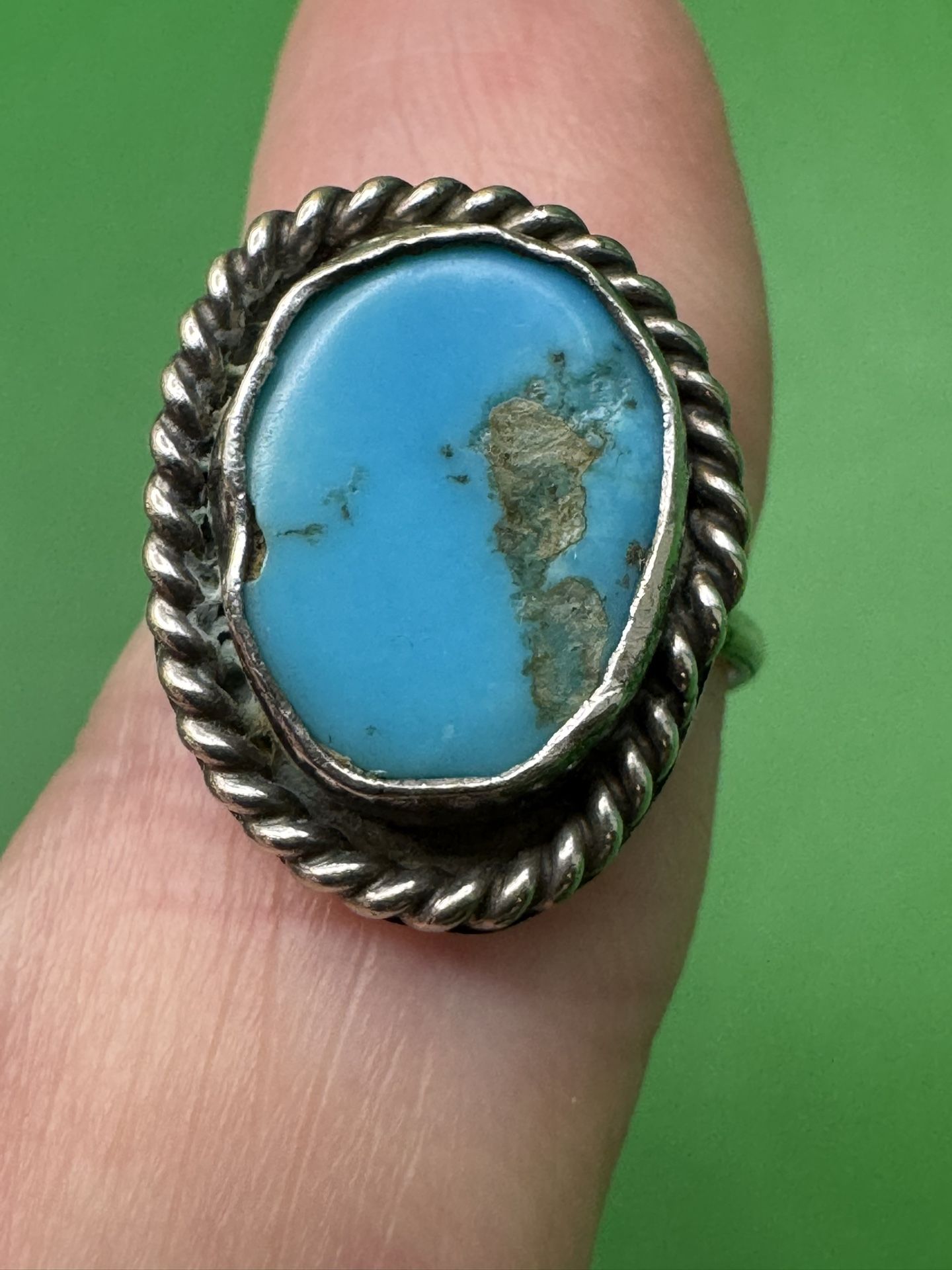 Vintage Native American Handmade Turquoise And Detailed Sterling Ring Size 5