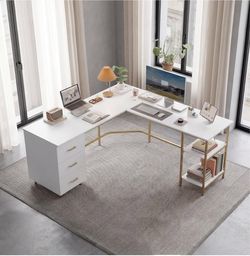 White and gold L- shape computer desk