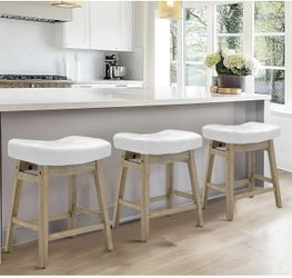 White Bar Stools Set of 3 for Kitchen Counter Island Counter Height Farmhouse Modern Barstools with Faux Leather Upholstered Backless Seat and Solid W