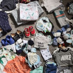 Box Full Of Baby Boy Clothes, Socks, Receiving Blankets, No Scratch Gloves, Shoes Size Newborn - 6 Months 