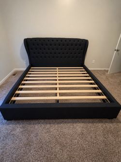 King-Size Upholstered Bed Frame with Tufted Wingback Headboard