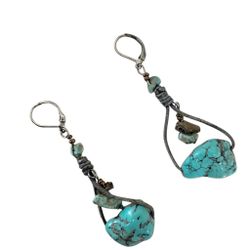 Chunky Turquoise Nugget & Tiger’s Eye Earrings – Rustic Leather Boho Dangles