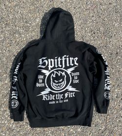 Vintage Spitfire Wheels Skate Hoodie Made in USA Y2K Ride The Fire Black Large