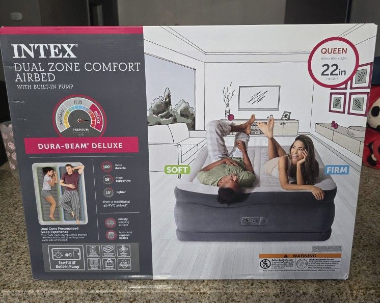 BRAND NEW NEVER BEEN OPEN BOX. Intex queeen 22inch air mattress with dual zone technology