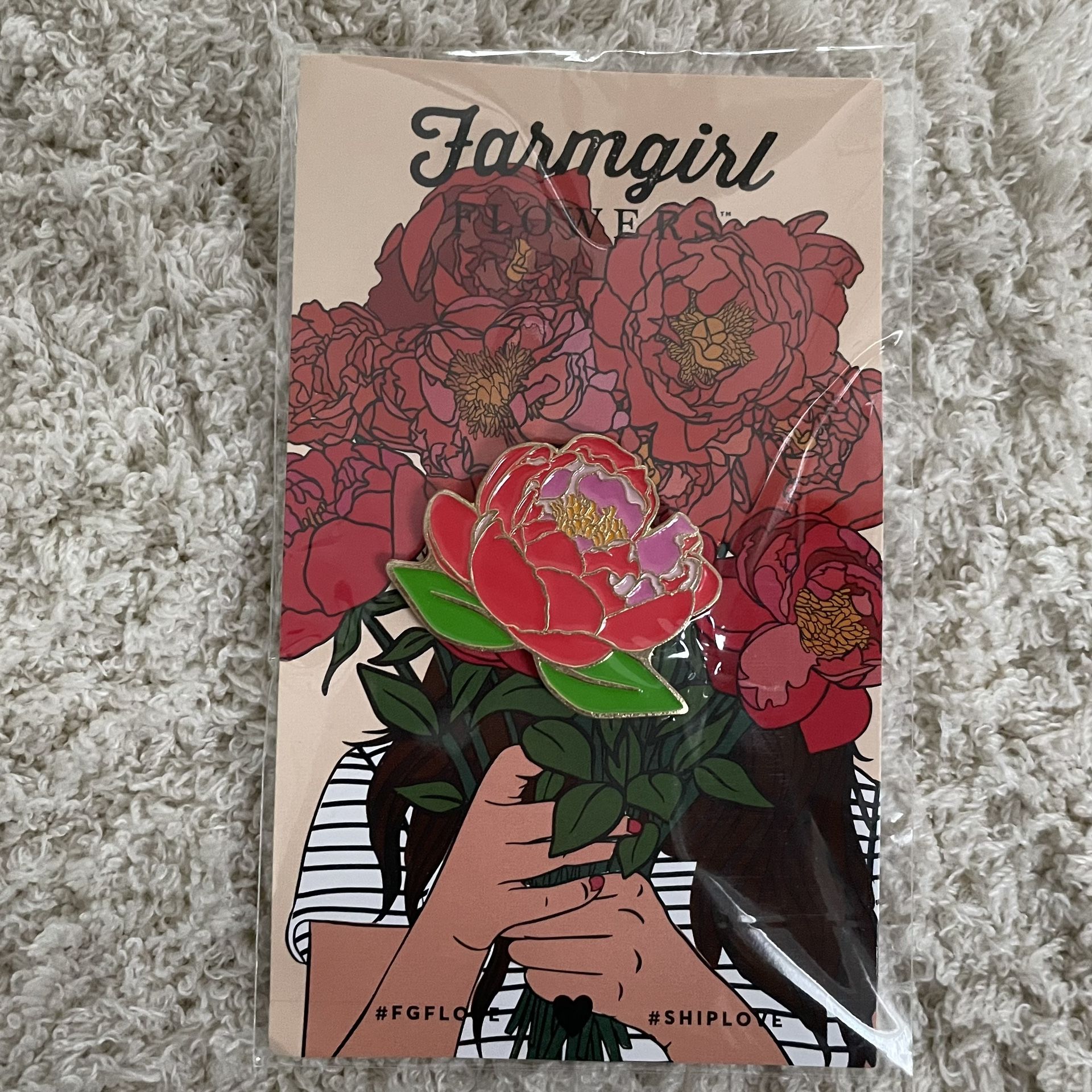 Farmgirl Flowers Jewelry Red And Pink Peony Flower Enamel Brooch Pin New Sealed