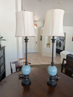 Pair of Robin's Egg Blue & Oil Rubbed Bronze Table Lamps (36") – Bulbs Included