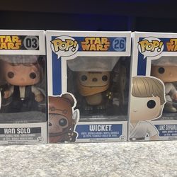 Han Solo, Wicket, and Luke Skywalker set of 3 Funko pops