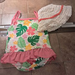 Girls Bathing suit with sun hat size 0-6 mos