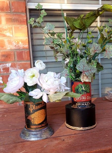 1950s MCM Spinach & Pineapple Cans with Floral Arrangements $35 for Both