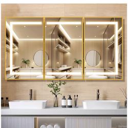 Gold Bathroom Medicine Cabinet with Mirror, Recessed or Surface Lighted Medicine Cabinet with 3 Colors Temperature, Dimmable Ligh