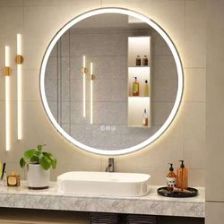 Bathroom smart mirror with three-color LED lights, 24”x24 round bathroom mirror,