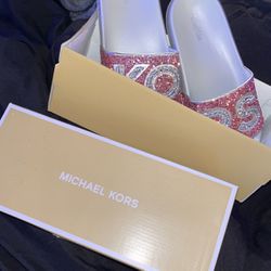 Michael Kors Gilmore Royal Pink Glitter Slides Women's Size  8 New In Box