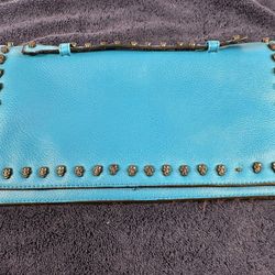 Turquoise Skull Stud Clutch Wallet Envelope Bag 10” Blue Punk