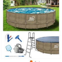 18 ft. Round 52 in. Deep Dark Cocoa Wicker Pattern Metal Frame Pool Package with Cover


