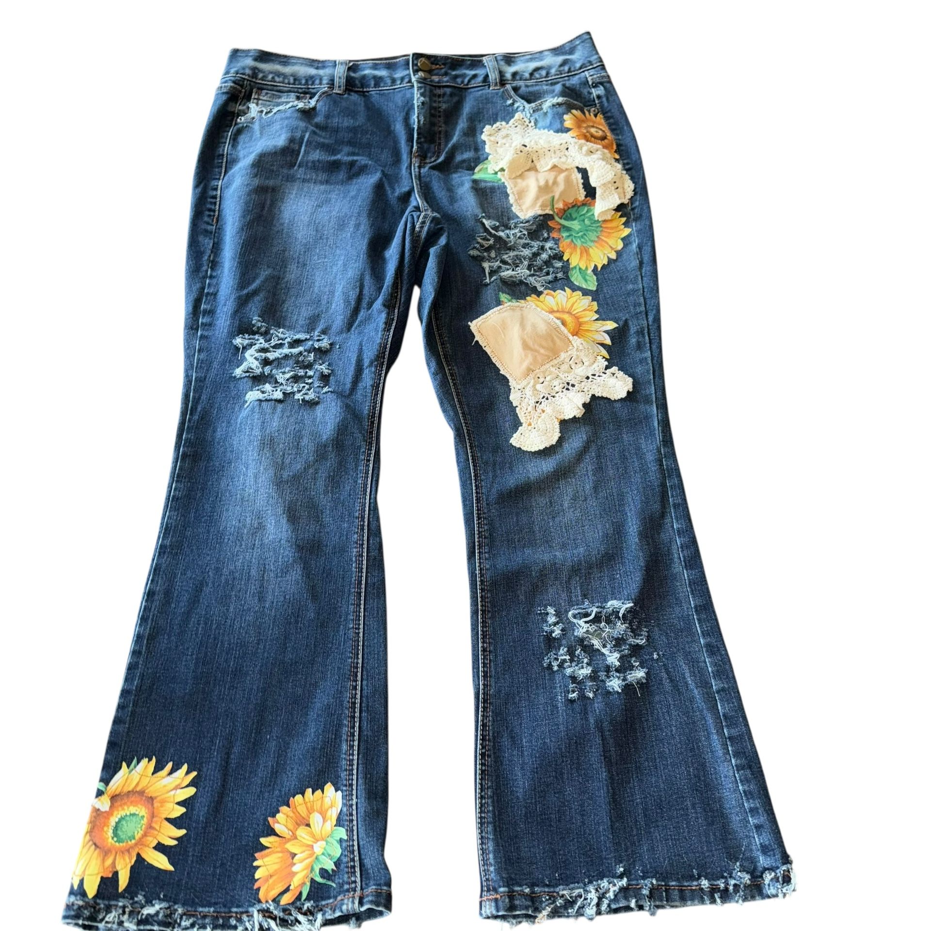 Reworked/Upcycled Denim Jeans Bootcut Patches Sunflowers Size 16 Short Boho These Reworked/Upcycled Denim Jeans in size 16 Short offer a unique and