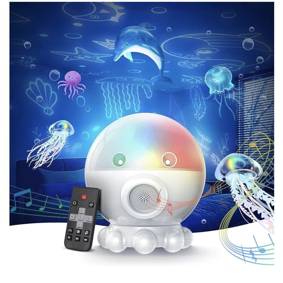 Cute Octopus Night Light Projector,17 Light Modes Ocean Star Projector with 360° Rotation, 3 Projection Films and 9 Lullaby Songs,Night Lamp with Remo