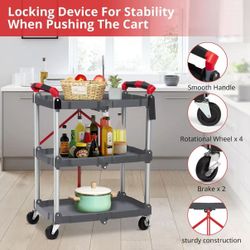 3 Tier Folding Utility Service Cart, 56lb/Tier 360 Swivel Collapsible Cart with Wheels $70
