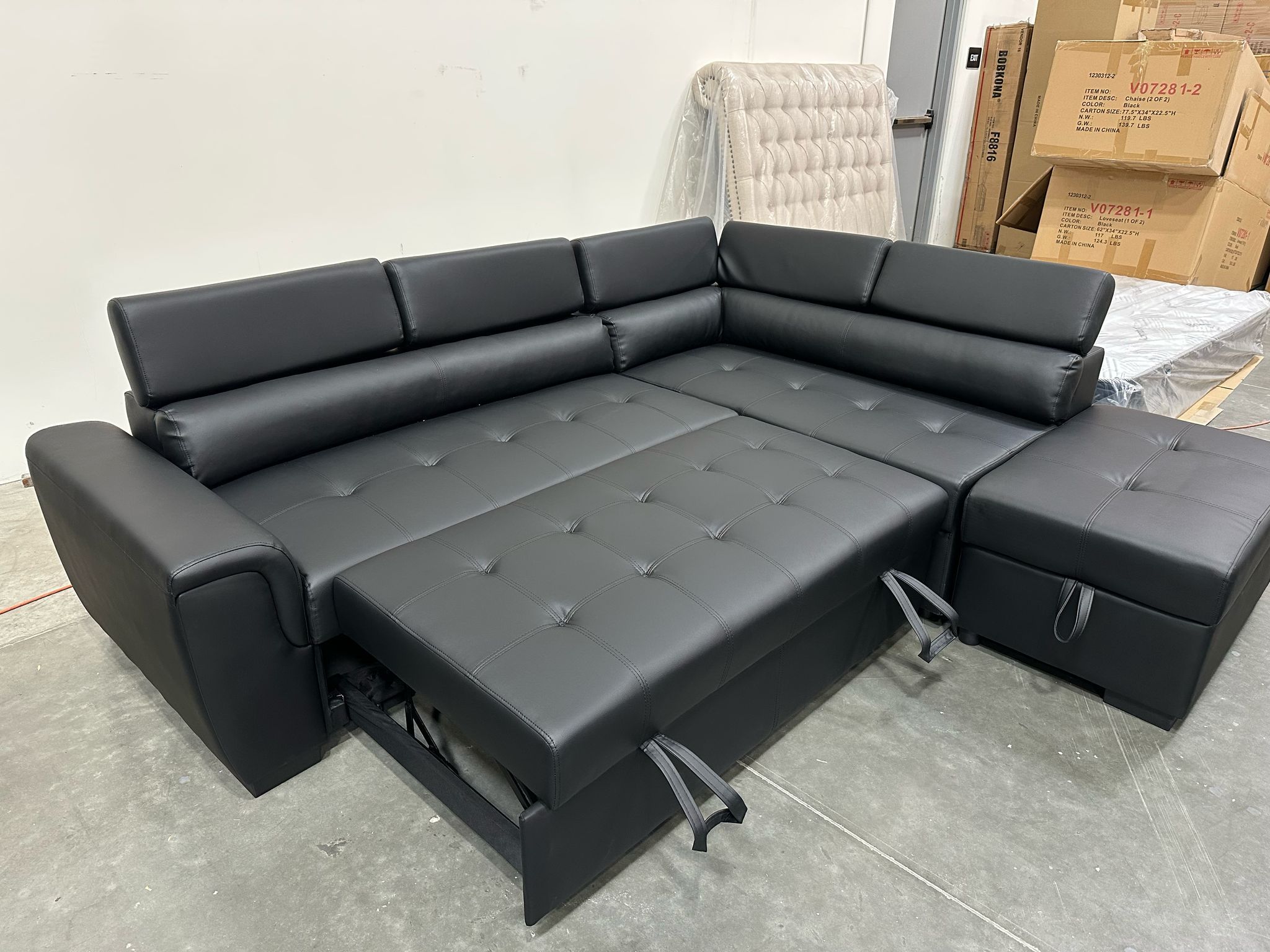 New! Contemporary Black Sectional, Black Faux Leather Sofa, L-Shaped Sofa With Pull-out Bed, Sofabed, Sectional Sofa Bed, Black Couch, Leatherette Sof