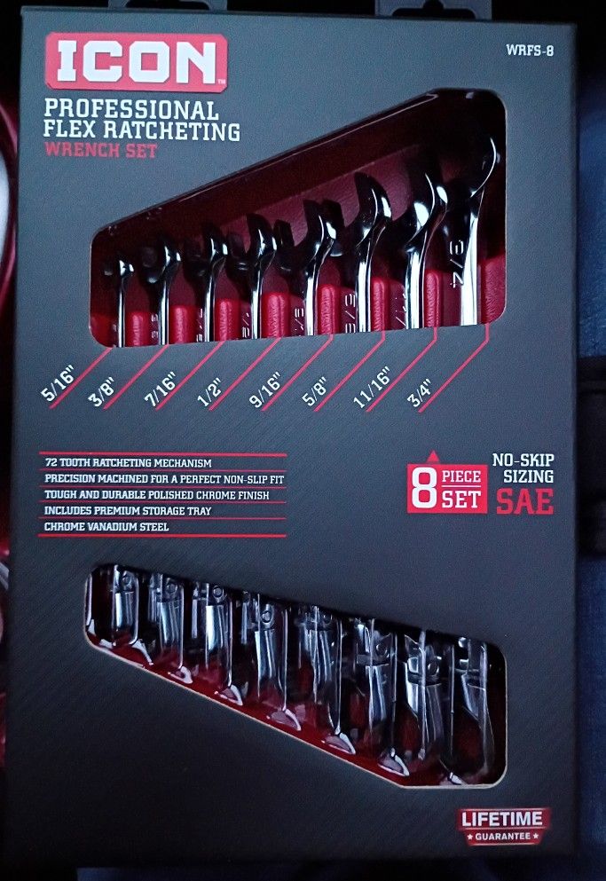 NEW ICON Flex Ratcheting Wrench 8pcs SAE
