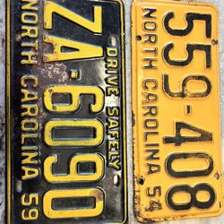 Vintage 1954 and 1959 NC license plates