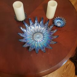 Glass Bowl two Candle Holders