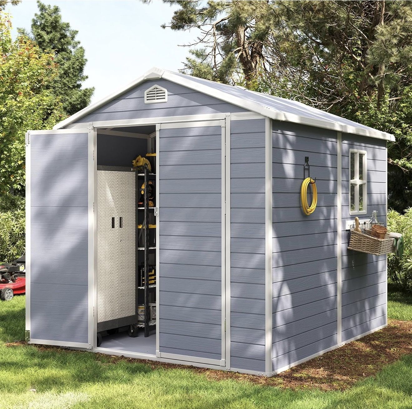 8 x 6 FT Outdoor Storage Shed with Window, Resin Shed with Floor & Lockable Doors, Garden Shed Waterproof Plastic Tool Shed with Sloped Roof for Backy