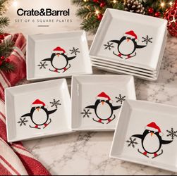 Crate & Barrel Holiday Penguin Square Plates Set of 6