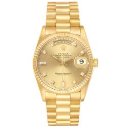 *1995 Men's Rolex 36mm Day-Date Presidential 18K Yellow Gold Watch with Champagne Diamond Dial and Fluted Bezel. (Pre-Owned 18238)