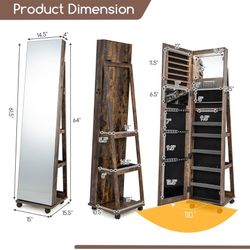 Assembled 360° Swivel Jewelry Cabinet, Lockable Jewelry Organizer with Full-Length Mirror, Rear Storage Shelves, Interior Mirror, Jewelry Armoire, Gif