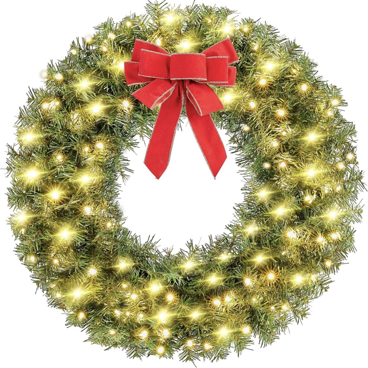 30in Large Artificial Christmas Wreath, Pre-lit Holiday Accent Decoration with Red Bow, 110 LED Lights & 300 PVC Tips, Metal Structure for Door Wall &