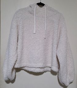 Womens Ladies Juniors Forever 21 Fluffy Sherpa Style Cropped Hooded Sweater Pullover Hoodie sz Small S SM