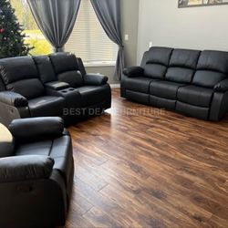 Black faux Reclining Couch 3-Pc Set — Sofa • Loveseat • Chair