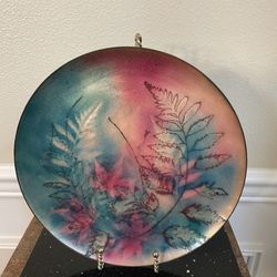 Vintage Enamel on Copper Decorative Plate , Botanical Design 9.5”D