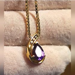 $650 1ct Natural Pear Cut Amethyst Diamond 10k Yellow Gold Pendant W/ DIAMONDS